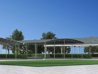 Outdoor Canopy Covering Paved Area With Green Grass Trees And Blue Sky 3d model