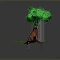 Vibrant Green Leaf Tree With Unique Red Trunk On Green Grass And Orange Soil