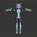 3D Rendered Game Movie Character With Blue Gray Hair Teal And Purple Outfit Yellow Gloves