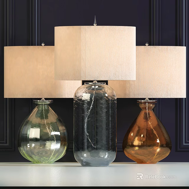 Table Lamps With Glass Bases Green Amber Clear And Beige Fabric Shades On Dark Wall 3d model 