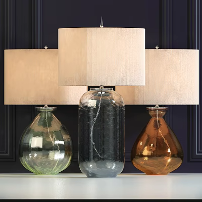 Table Lamps With Glass Bases Green Amber Clear And Beige Fabric Shades On Dark Wall 3d model