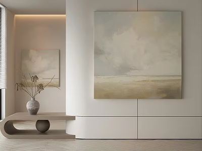 Large Abstract Painting With Soft Gray White And Beige Tones In Modern Interior 3d model