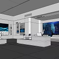 Modern Tech Exhibition Hall With Digital Screens Display Racks And Workstations 3d model