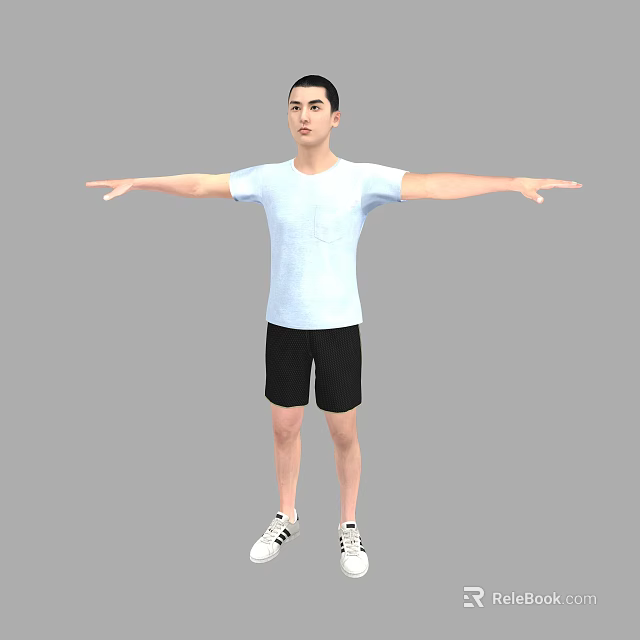 A Man In Light Blue T shirt And Black Shorts With Arms Outstretched On Gray Background 3d model