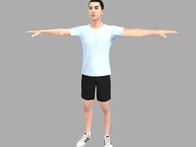 A Man In Light Blue T shirt And Black Shorts With Arms Outstretched On Gray Background 3d model
