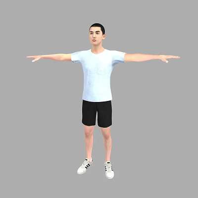 A Man In Light Blue T shirt And Black Shorts With Arms Outstretched On Gray Background 3d model