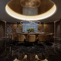Luxurious Private Dining Room With Round Table Golden Chairs Modern Chandelier And Ceiling Lighting
