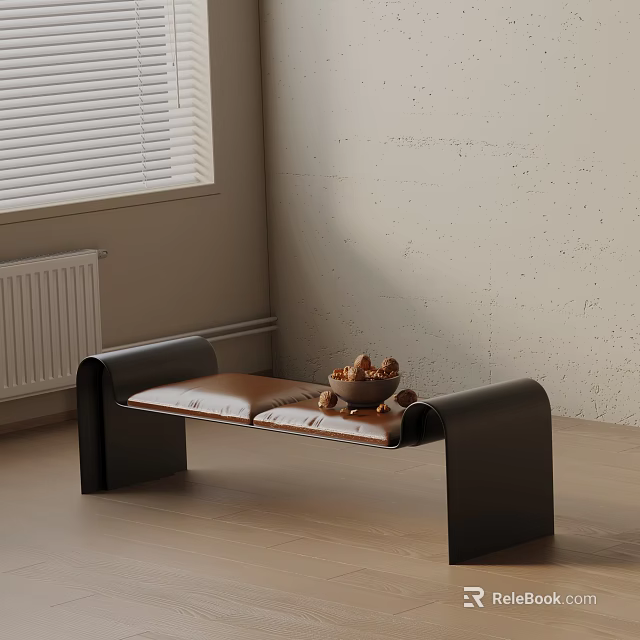 Stylish Black Frame Sofa Bench With Brown Cushion And Nut Bowl On Wooden Floor 3d model 