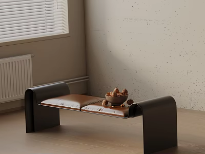 Stylish Black Frame Sofa Bench With Brown Cushion And Nut Bowl On Wooden Floor 3d model