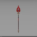 Fiery Magical Weapon With Red Flame Shaped Head And Ornate Pole Design