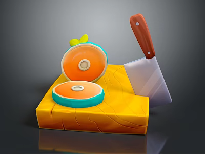 Yellow Cutting Board With Sliced Orange And Kitchen Knife For Daily Use 3d model