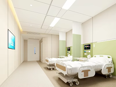 Modern Hospital Ward Interior With Two Beds Green Walls And TV Screens 3d model