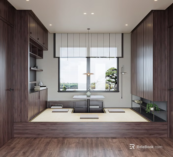 Modern Japanese Tatami Bedroom Interior Design With Dark Wooden Cabinets Large Window And Scenic View 3d model 