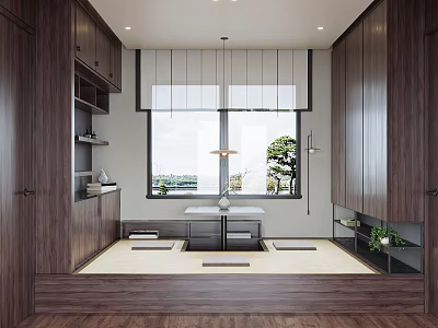 Modern Japanese Tatami Bedroom Interior Design With Dark Wooden Cabinets Large Window And Scenic View 3d model