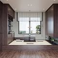 Modern Japanese Tatami Bedroom Interior Design With Dark Wooden Cabinets Large Window And Scenic View