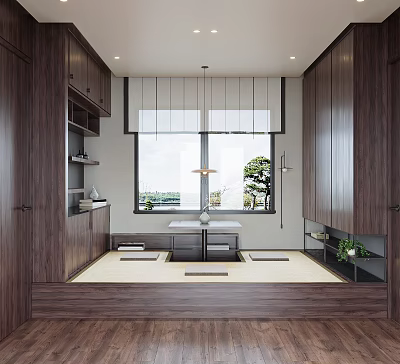Modern Japanese Tatami Bedroom Interior Design With Dark Wooden Cabinets Large Window And Scenic View 3d model