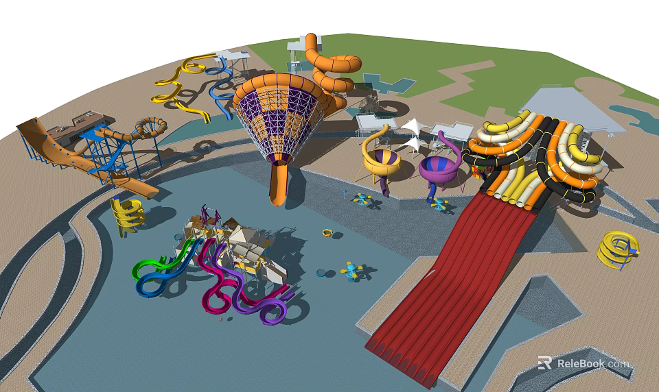 Colorful Water Park With Funnel Long And Various Slides For Family Fun 3d model 