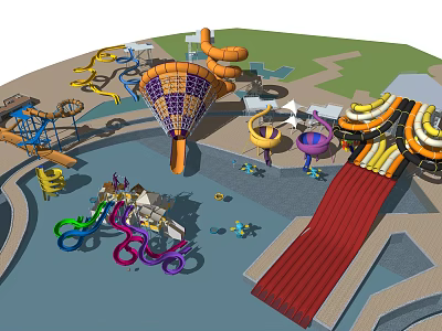 Colorful Water Park With Funnel Long And Various Slides For Family Fun 3d model