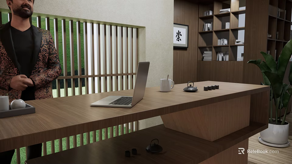 Japanese Style Reception Desk Interior With Laptop Mug Wooden Slat Partition And Bookshelves Calligraphy Artwork 3d model 