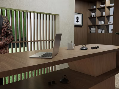 Japanese Style Reception Desk Interior With Laptop Mug Wooden Slat Partition And Bookshelves Calligraphy Artwork 3d model
