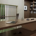 Japanese Style Reception Desk Interior With Laptop Mug Wooden Slat Partition And Bookshelves Calligraphy Artwork