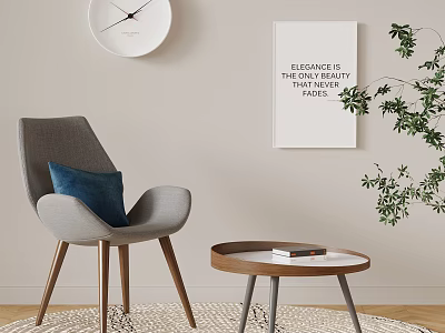 Gray Leisure Chair With Blue Cushion Wooden Legs And Side Table In Minimalist Living Space 3d model