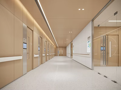 Modern Hospital Outpatient Corridor Interior With Elevators And Glass Doors 3d model