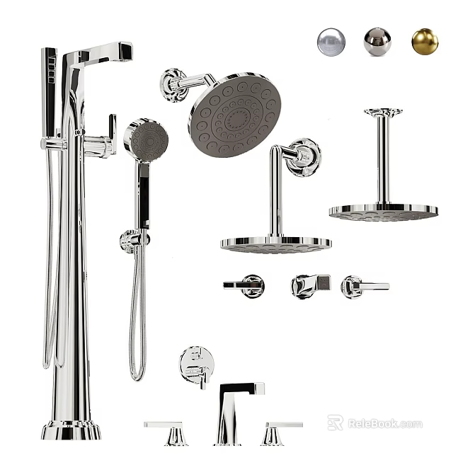 Chrome Shower System With Handheld Fixed Overhead Heads Brackets And Control Knobs 3d model 