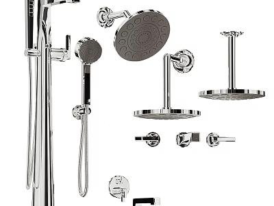 Chrome Shower System With Handheld Fixed Overhead Heads Brackets And Control Knobs 3d model
