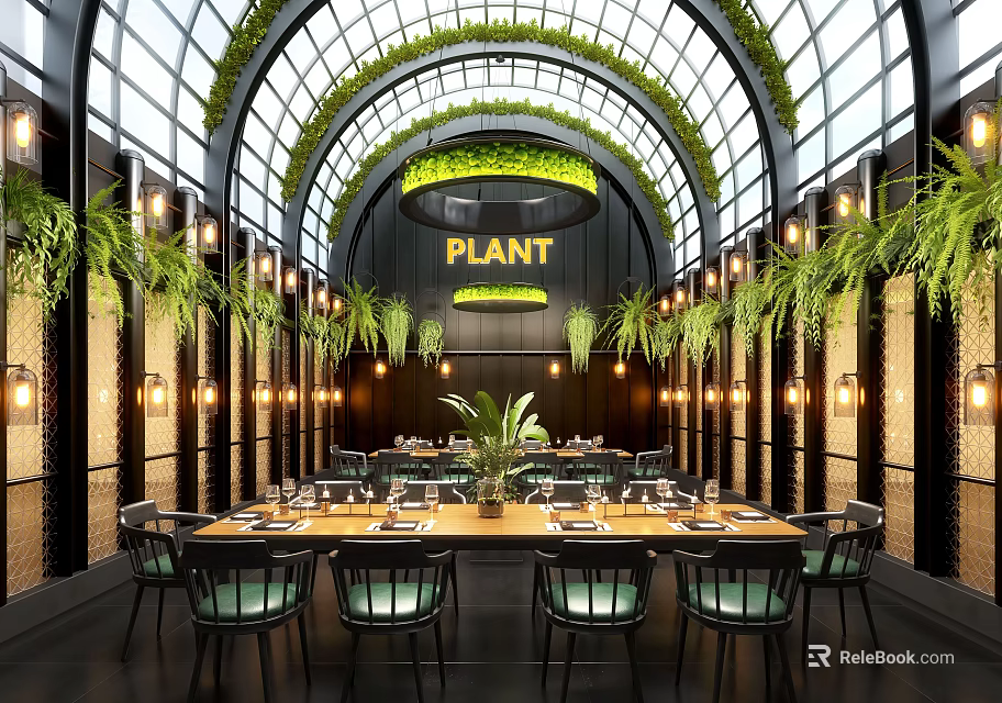 Plant Themed Restaurant Interior With Arched Glass Ceiling Green Plants And Dining Tables 3d model 