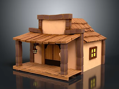 Traditional Wooden House With Front Porch Wooden Shingle Roof And Yellow Pane Window 3d model