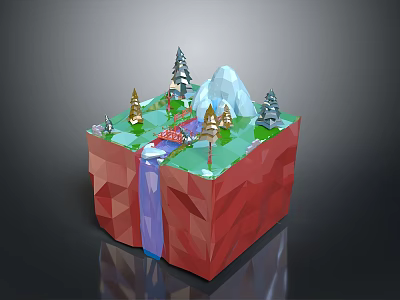 Miniature 3D Scene with Red Base Mountain Trees Waterfall and Bridge 3d model