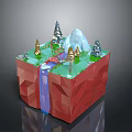 Miniature 3D Scene with Red Base Mountain Trees Waterfall and Bridge