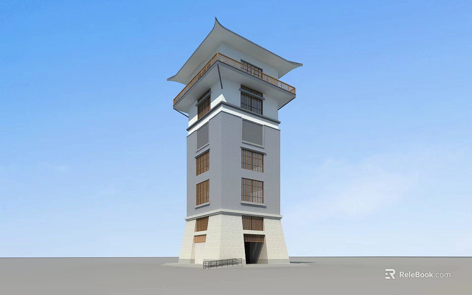 Traditional Multi story Tower With Gray and White Exterior Stone Base Windows and Door Design 3d model 