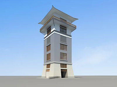 Traditional Multi story Tower With Gray and White Exterior Stone Base Windows and Door Design 3d model