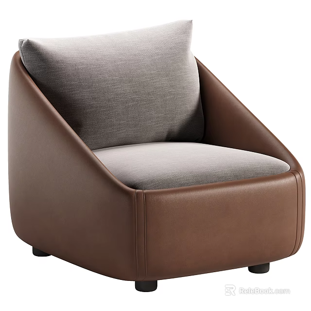 Sleek Single Sofa With Brown Leather Frame And Gray Fabric Seat Cushion 3d model 