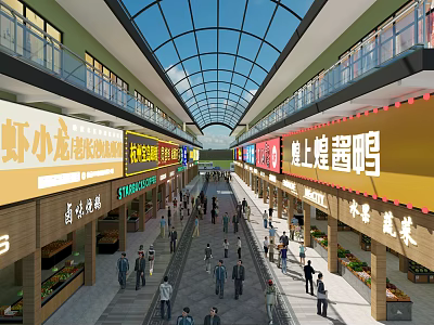 Bustling Commercial Street With Various Shops Store Signs On Both Sides Glass Dome And Pedestrians 3d model