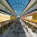 Bustling Commercial Street With Various Shops Store Signs On Both Sides Glass Dome And Pedestrians