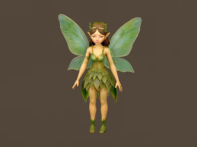 Enchanting Green Winged Fairy Woman Wearing Leaf Dress With Headpiece And Green Shoes 3d model