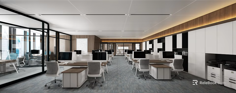 Modern Public Office Space Interior Design With Desks Monitors And Office Chairs 3d model 