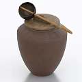 Traditional Brown Clay Storage Jar With Lid Wooden Spoon And Small Bowl