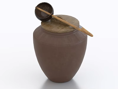 Traditional Brown Clay Storage Jar With Lid Wooden Spoon And Small Bowl 3d model