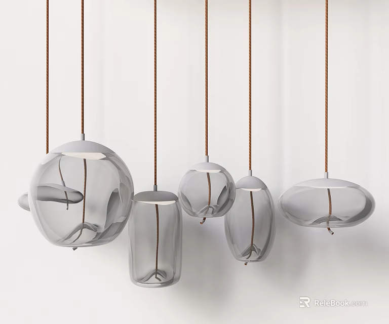 Modern Gray Glass Pendant Lights With Various Shapes Hanging In Minimalist Interior Design 3d model 