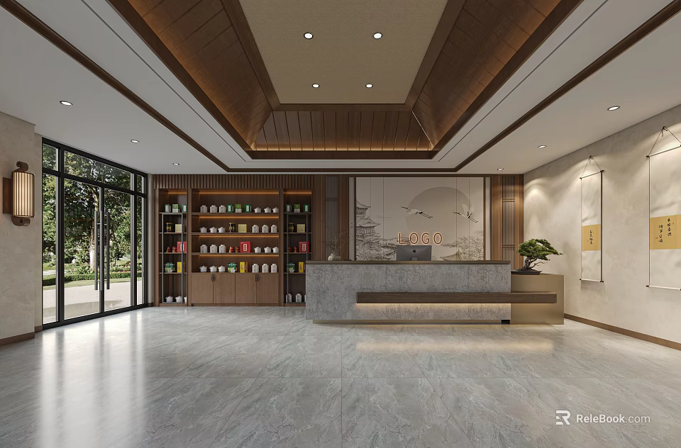 Chinese Style Hospital Outpatient Clinic Lobby With Reception And Cabinets 3d model 