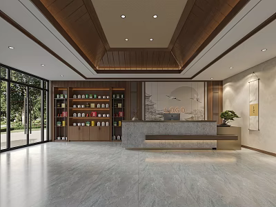 Chinese Style Hospital Outpatient Clinic Lobby With Reception And Cabinets 3d model