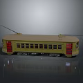 Yellow Vintage Tram Train Model With Red Windows And Antennas On Gray Background