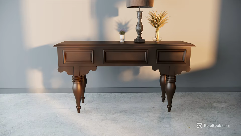 Dark Brown Wooden Console Table With Table Lamp And Potted Plant Decor 3d model 
