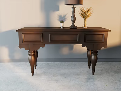 Dark Brown Wooden Console Table With Table Lamp And Potted Plant Decor 3d model
