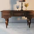 Dark Brown Wooden Console Table With Table Lamp And Potted Plant Decor