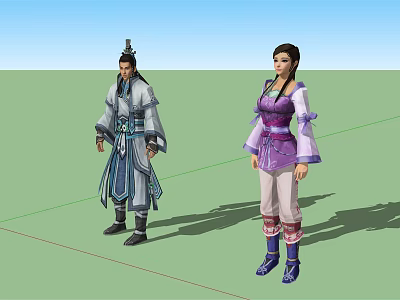 Game and Movie Characters in Ancient Traditional Costumes with White Blue and Purple Outfits 3d model
